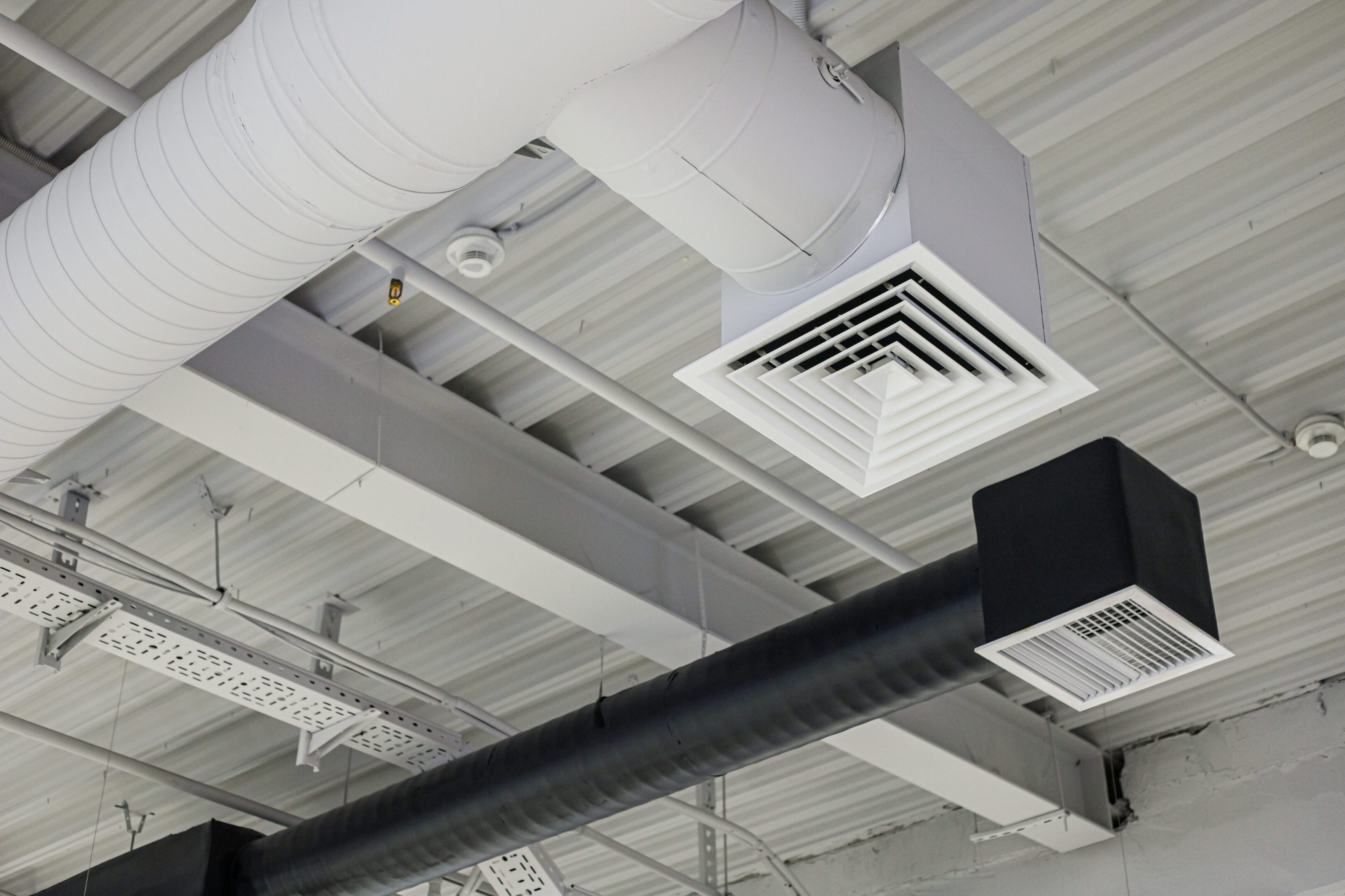 Ceiling with industrial air ducts and vents.