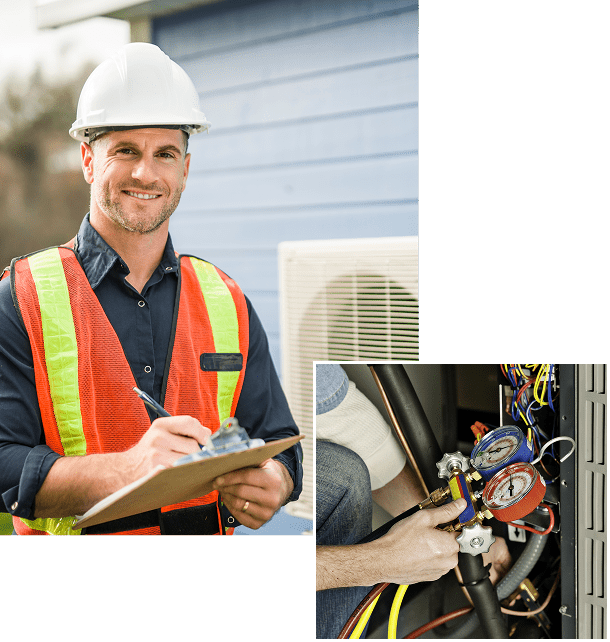 Smiling technician with clipboard and tools.