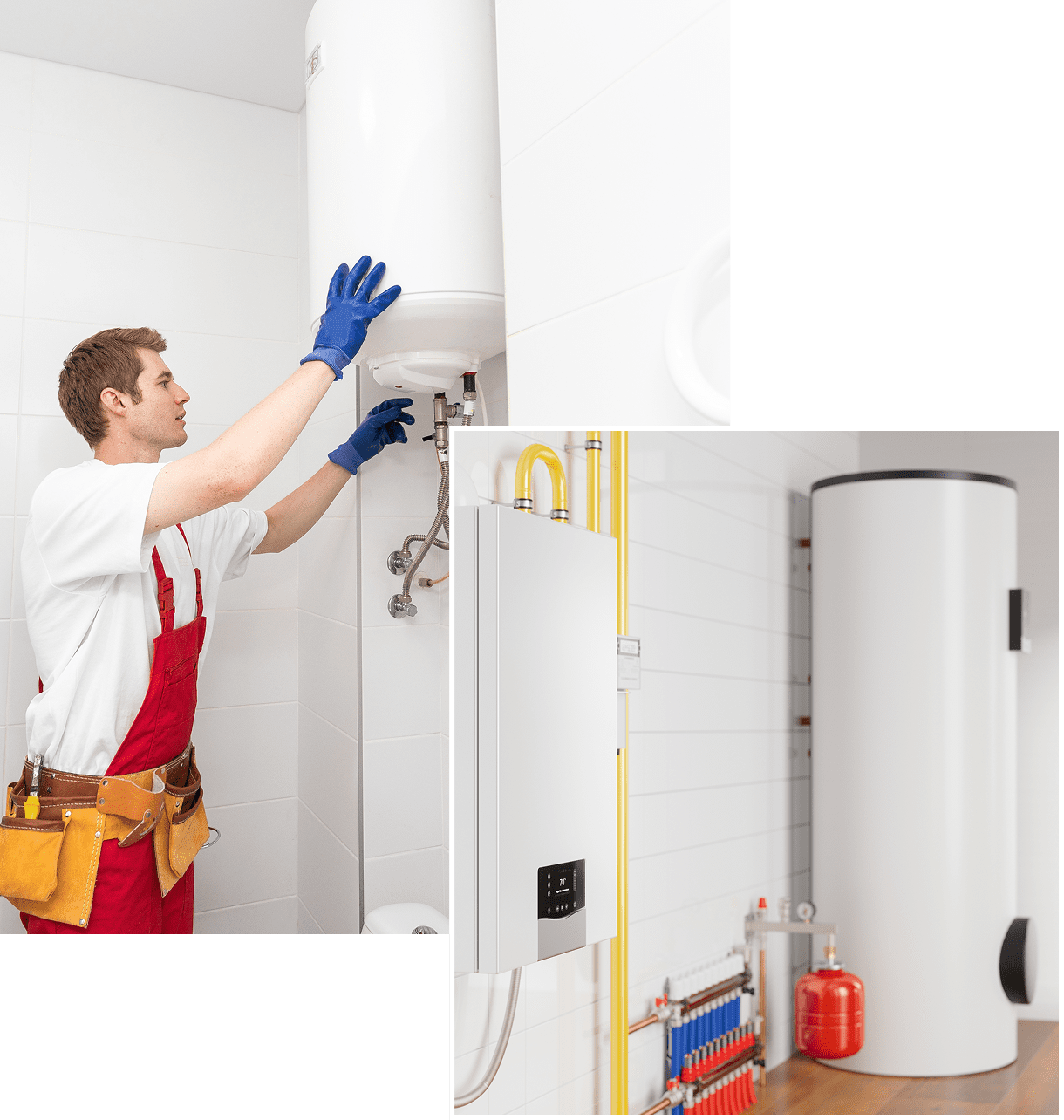Technician installing water heater in utility room.